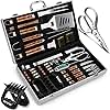 RINPIR 35pcs Deluxe Grilling Gifts Set for Birthday Christmas, Stainless Steel BBQ Accessories Kit for Men Dad, Professional Grill Tools Utensils with Scissors, Meat Claws in Aluminum Case Brown