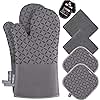 KEGOUU Oven Mitts and Pot Holders 6pcs Set, Kitchen Oven Glove High Heat Resistant 500 Degree Extra Long Oven Mitts and Potholder with Non-Slip Silicone Surface for Cooking (Grey)