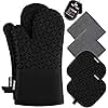 KEGOUU Oven Mitts and Pot Holders 6pcs Set, Kitchen Oven Glove High Heat Resistant 500 Degree Extra Long Oven Mitts and Potholder with Non-Slip Silicone Surface for Cooking (Black)