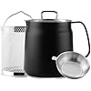 Bakpoco 2L Stainless Steel Oil Filter Pot, Bacon Grease Container with Strainer & Deep Fryer Basket, Kitchen Cooking Oil Lard Fat Saver, Pasta Vegetable Pot, Triply-Base Suits All Stoves, Black