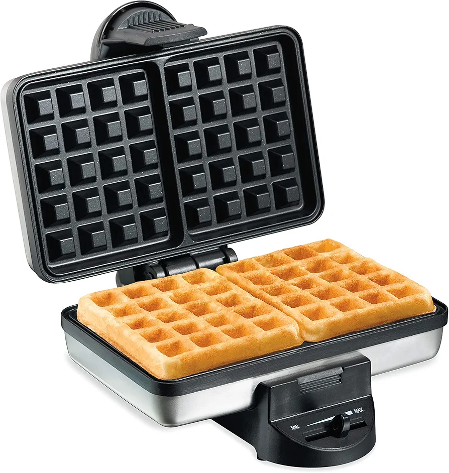 Hamilton Beach Belgian Mini Waffle Maker with Shade Control, Makes 2 at Once, Create Personalized Keto Chaffles and Hash Browns, Non-Stick Plates, Compact Design, Stainless Steel