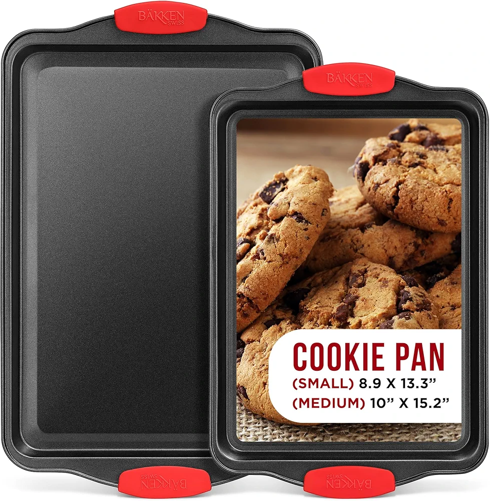 2 Piece Set Nonstick Carbon Steel Oven Bakeware -Professional Quality Kitchen Cooking Baking Trays -PFOA, PFOS, PTFE-Free Medium & Large Baking Sheet Pans with Red Silicone Handles