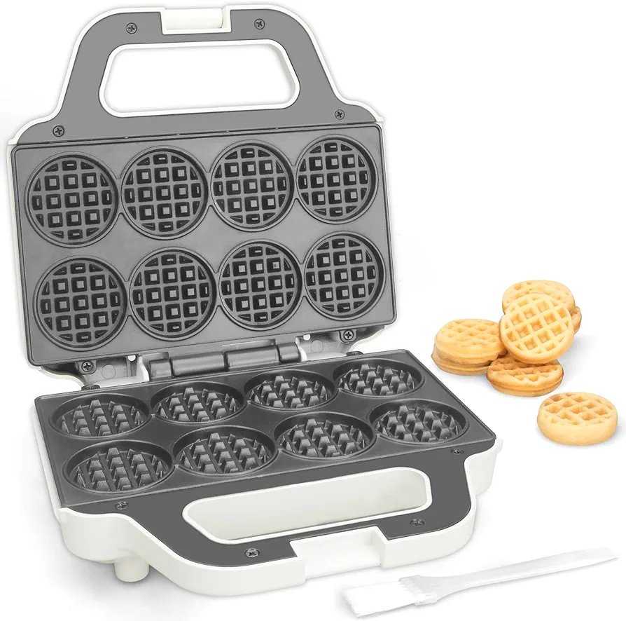 Mini Waffle Maker Machine, Tiny Waffle Bites Iron for Kids, Bake 8 x 2'' Tiny Waffle Bites, Small Waffle Maker, Compact & Easy Use, Non Stick Surface, Recipe Included, White