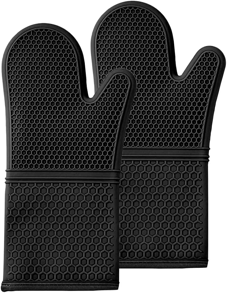 Restaurantware Comfy Grip 14 x 7.3 Inch Baking Mitts 1 Food-Grade Cooking Glove Set - 2-Piece Set Oven-Ready Up To 484F Black Silicone Oven Mitt Gloves Honeycomb Texture With Soft Cotton Lining