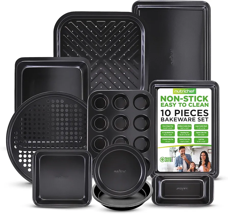 NutriChef 10-Piece Non-Stick Baking Pans Set - Deluxe Carbon Steel Bakeware Set w/ Cookie Sheets, Muffin Pan, Roasting Pan, Cake Pan, Baking Tray, Pizza Pan - Easy to Clean, Black