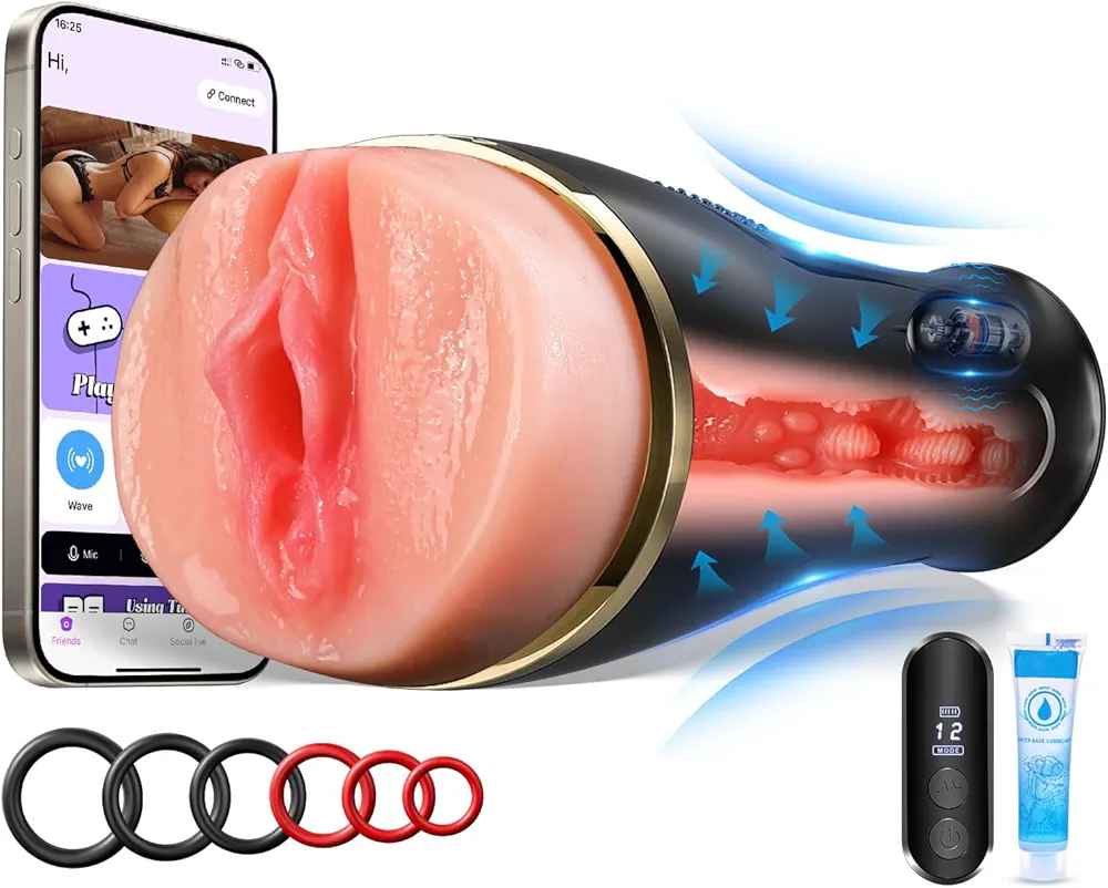 Vibrating Male Masturbator Sex Toys - 7.5" Depth Squeezable App Control Male Vibrator Stroker with 12 Vibrations, Plump Fleshy Realistic Pocket Pussy Vagina Blowjob Adult Sex Toys for Men Masturbating