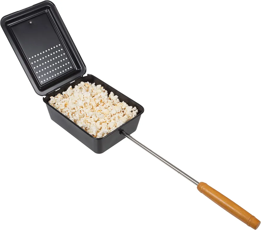 Campfire Popcorn Popper - Old Fashioned Popcorn Maker with Nonstick Finish and Extended Handle - Camping Gear by Great Northern Popcorn (Black)