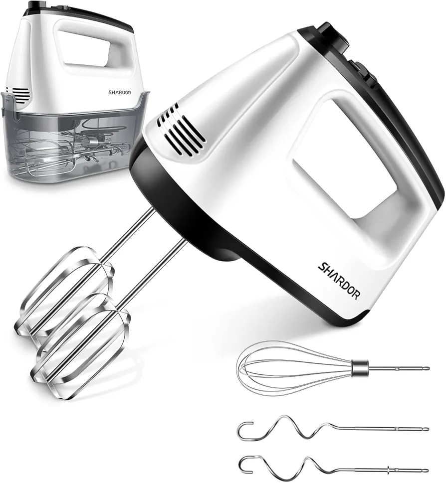 SHARDOR Hand Mixer Electric, 6 Speed & Turbo Mixer Electric Handheld, Snap-On Storage Case,5 Stainless Steel Accessories for Whipping, Mixing Cookies, Brownie, Cakes, Dough Batters, White