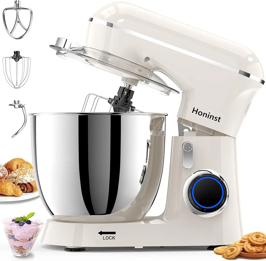 Stand Mixer, 6.5QT 10-Speed Tilt-Head Electric Stand Mixer, 3-In-1 Kitchen Mixer with Bowl, Dough Hook, Whisk and Beater, Food Mixer for Baking, Cake and Most Home Cooks, Beige