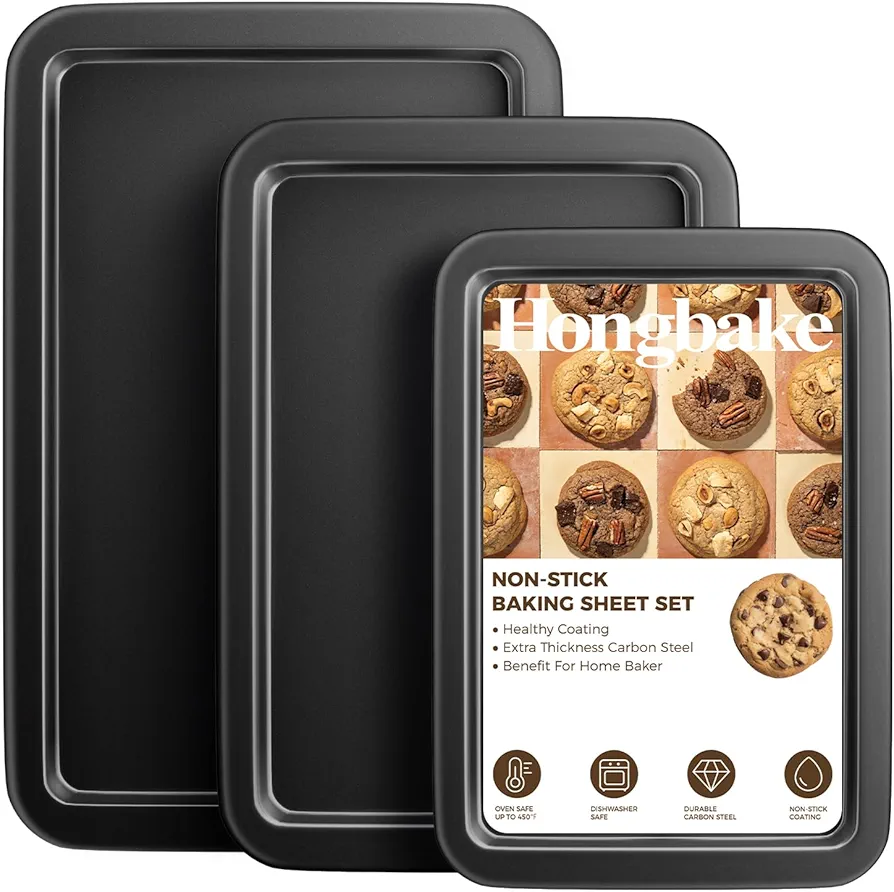 HONGBAKE Baking Sheet Pan Set, Cookie Sheet for Oven, Nonstick Bakeware Sets with Wider Grips, 3 Pack Half/Jelly Roll/Quarter Baking Tray, Premium, Dishwasher Safe - Dark Grey