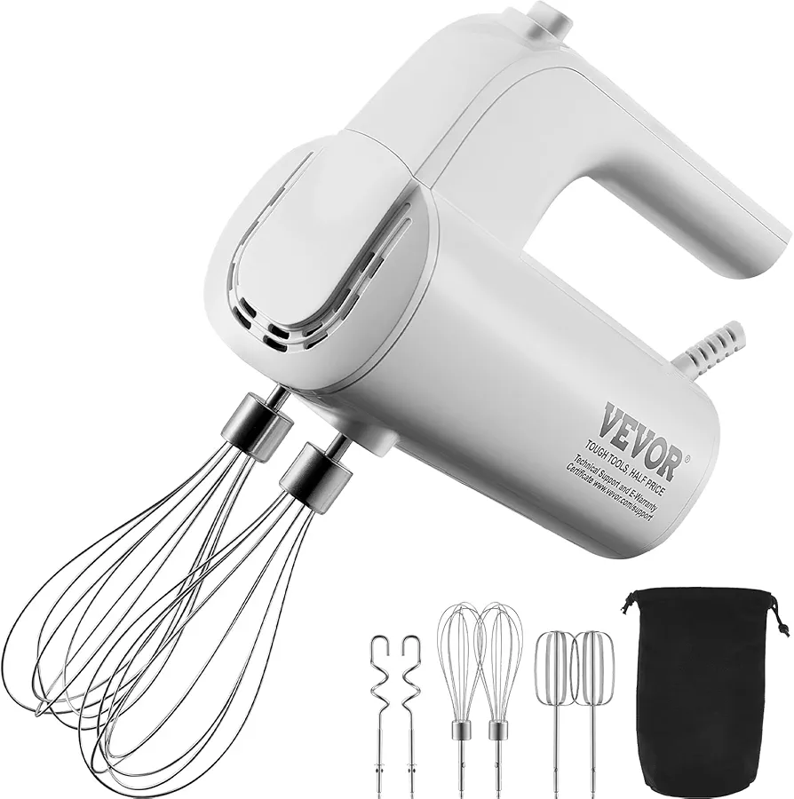 VEVOR Digital Electric Hand Mixer, 5-Speed, 200W Portable Electric Handheld Mixer, with Turbo Boost Beaters Dough Hooks Whisks Storage Bag, Baking Supplies for Whipping Mixing Egg Cookie Cake Cream