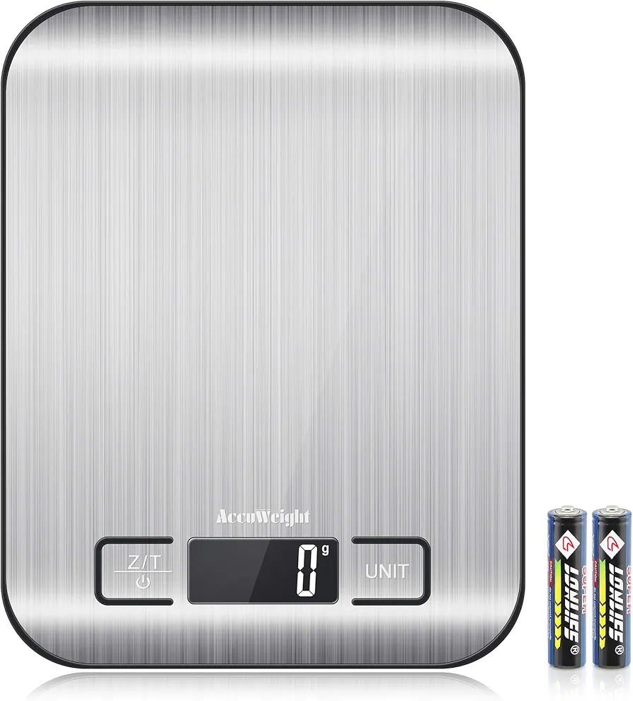 AccuWeight 211 Digital Kitchen Food Scale for Cooking Baking Coffee Scale 5000g by 1g with Tare and LCD Display Food Weight Scale, 8.11×6.42×1.18" Silvery