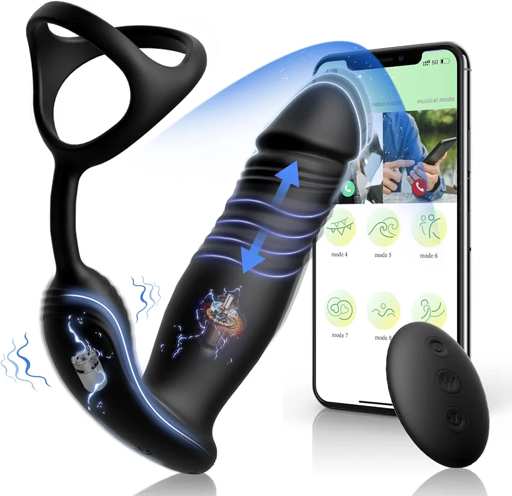 Thrusting Dildo Sex Toys Prostate Massager with Penis Ring Vibrating Cock Ring 6 Vibrating & 6 Thrusting Modes Anal Plug Male Sex Toys App & Remote Control Adult Sex Toys for Couples Black