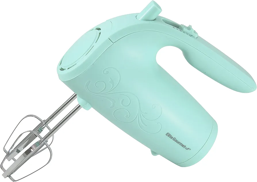 Elite Gourmet EHM003M Maxi-Matic Ultra Power Electric 5-Speed Kitchen Hand Mixer with 2 Extra Wide Stainless Steel Smooth Creamy Whipped Mixtures Plus Convenient, Beater Storage, Mint Blue