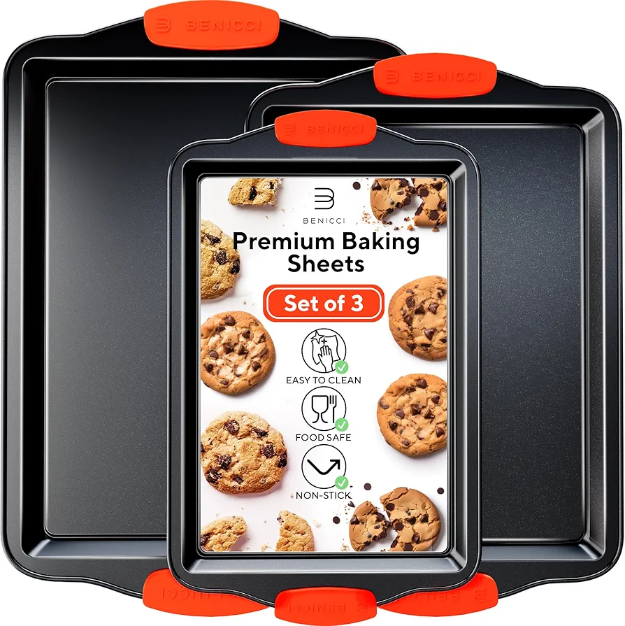 Premium Non-Stick Baking Sheets Set of 3 - Deluxe BPA Free, Easy to Clean Racks w/Silicone Handles - Bakeware Pans for Cooking Baking Roasting - Lets You Bake The Perfect Cookie or Pastry Every Time