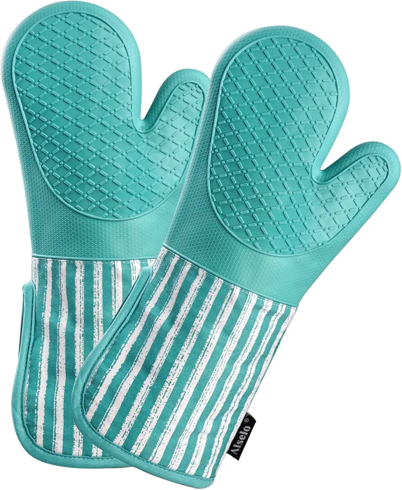 Silicone Oven Mitts Heat Resistant 932℉ with Waterproof & Non-Slip Kitchen Mittens, Set of 2 Extra Long Oven Gloves with Soft Cotton Terry Lining for Baking Cooking Barbecue