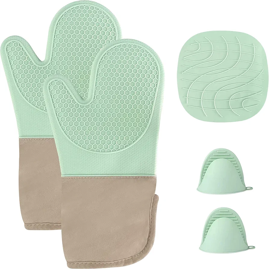 Extra Long Oven Mitts and Pot Holders Sets, Heat Resistant Silicone Oven Mittens, Oven Gloves Sets with Soft Lining Good Grip, Hot Pads for Kitchen Baking Cooking, Pack of 5, Aqua Green