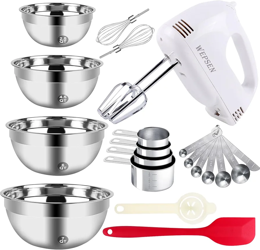 5-Speed Electric Hand Mixer, 4 Large Mixing Bowls Set, Handheld Mixers with Whisks Beater, Stainless Steel Metal Nesting Bowl Measuring Cups Spoons Kitchen Cake Blender for Baking Supplies