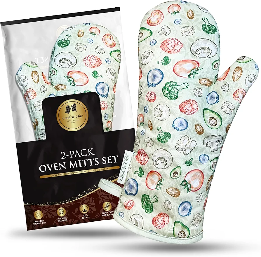 Premium Green Oven Mitts - Stylish and Heat-Resistant - Non-Slip Platinum Silicone Grip - Long and Thick - 100% Natural Cotton Exterior and Soft Terry Cloth Lining - Set of 2 by Cook'n'Chic