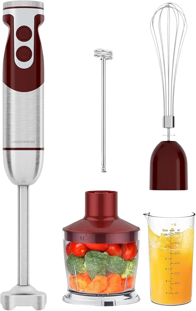 MegaWise Pro Titanium Reinforced 5 in1 Immersion Hand Blender, Powerful with 80% Sharper Blades, 12 Speed Corded Blender, Including 500ml Chopper, 600ml Beaker, Whisk and Milk Frother