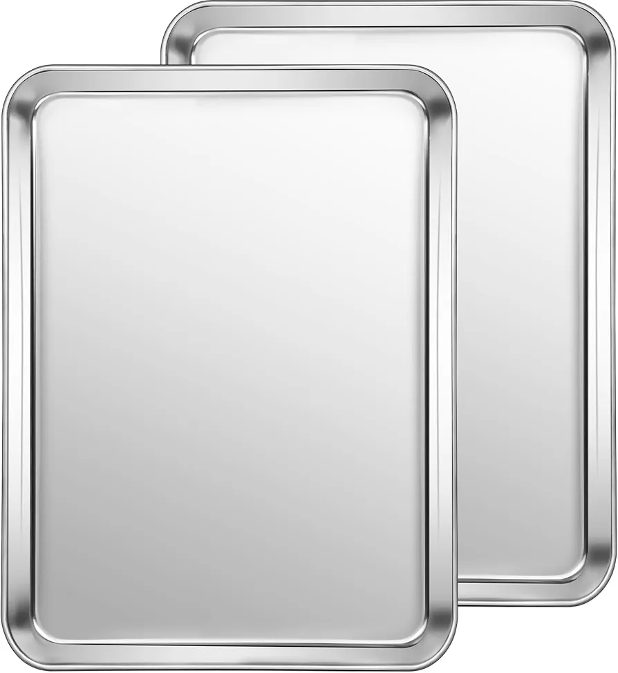 Baking Sheet Cookie Pan Set: 2PCS Stainless Steel Cooking Tray - Size 12.4 × 9.6 × 1 Inch Nonstick Dishwasher Safe Bakeware for Oven Heavy Duty Mirror Finish and Easy Clean