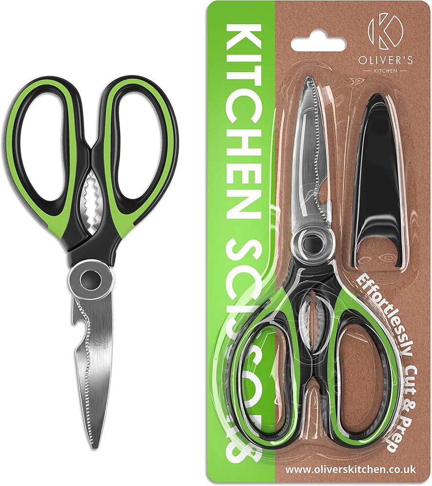 Oliver's Kitchen ® Kitchen Shears - Super Sharp & Heavy Duty Kitchen Scissors - Multifunctional with built in Bottle Opener & Safety Cover