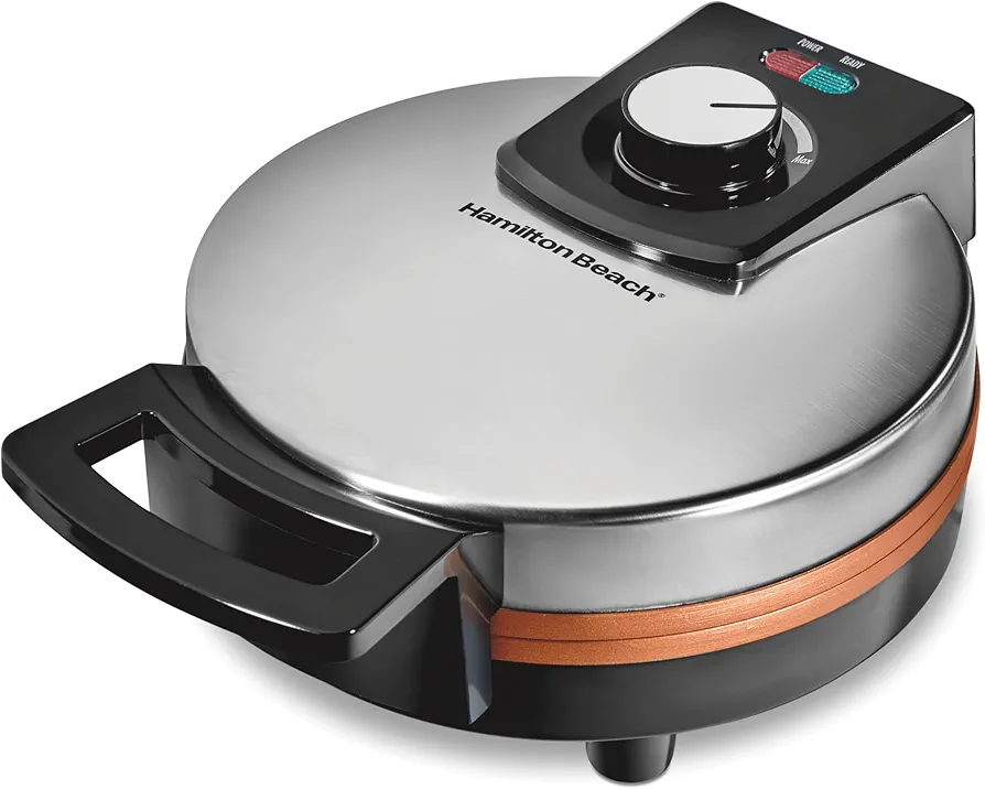 Hamilton Beach Belgian Waffle Maker with PFAS-Free Non-Stick Ceramic-Coated Plates, Browning Control, Indicator Lights, Stainless Steel (26081)