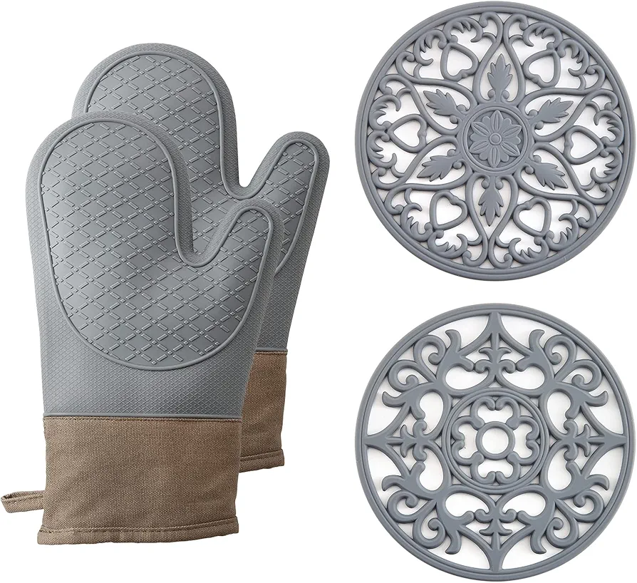 Oven Mitts and Pot Holders Sets, Silicone Oven Mitts Heat Resistant 600F, Oven Mitt Set Soft Lining Good Grip, Oven Gloves and Trivet Mats 4 Piece Set,Grey