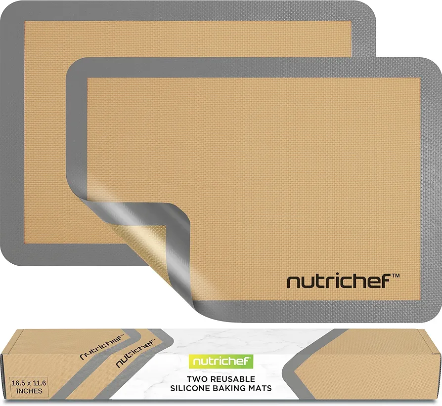 Nutrichef Silicone Baking Mats - 2 Non-stick Food-Grade Reusable Silicone Mats - Perfect for Half Baking Pans 16.5 x 11.6 IN - Oven-Safe Up to 480 Degrees F - Safe for Ovens & Dishwashers - Grey