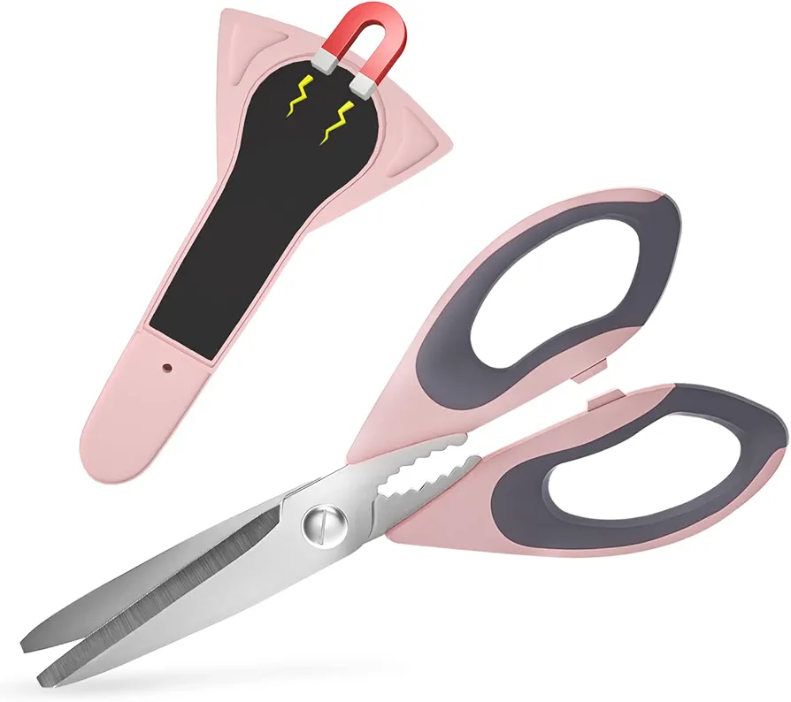 Ultra Sharp Kitchen Scissors with Magnetic Holder, Heavy Duty Kitchen Shears Meat Scissors, Multifunctional Stainless Steel Cooking Poultry Scissors for Household School Picnic(Pink)