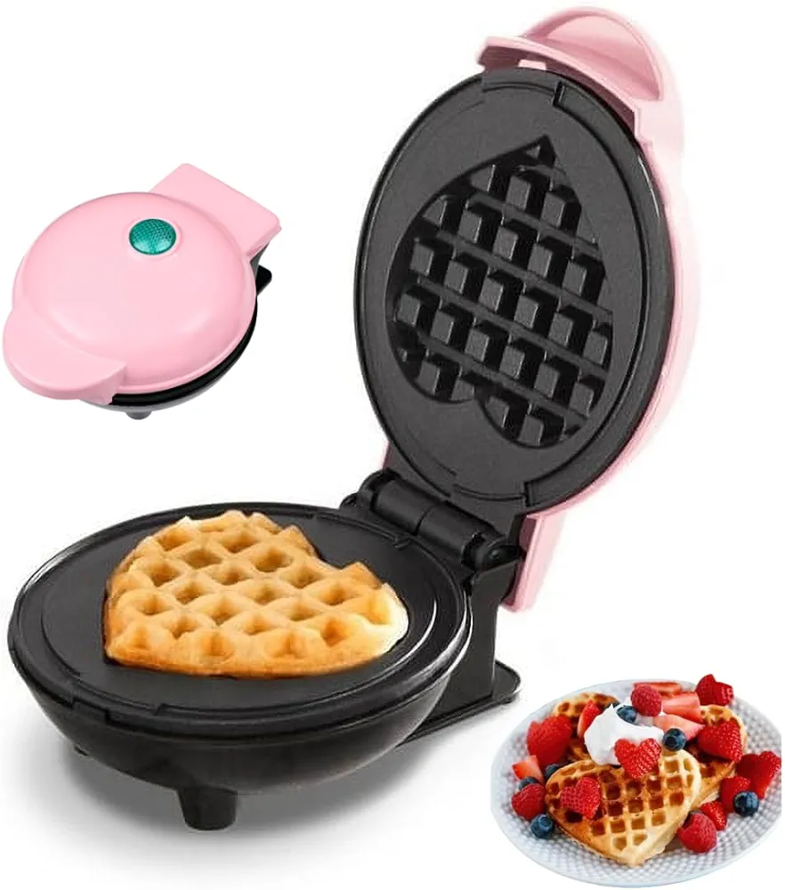 Mini Waffle Maker 4 Inch Plate Waffle Iron for Hash Browns, Keto Chaffles, Snacks, Sandwich, Compact Design, Non-Stick Surface, Easy to Clean, Heart, Pink