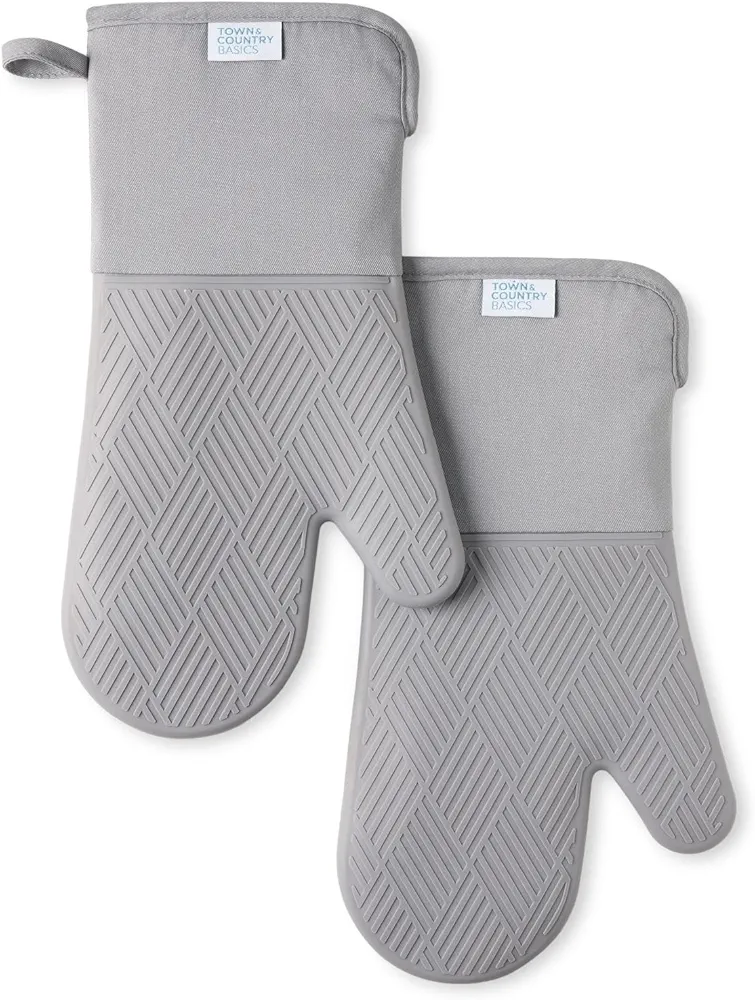 TOWN & COUNTRY BASICS Basketweave Soft Silicone Oven Mitt 2-Pack Set, Heat Resistant up to 500F, Flexible Silicone, Non-Slip Grip, Grey, 7.5"x13"