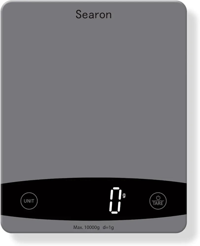 Searon Digital Food Kitchen Scale, Tempered Glass Panel, 10Kg Capacity, Food Weighing Scales with LED Display and 1g Increments for Baking, Cooking, Keto and Meal Prep - 200x160x18MM (Grey)