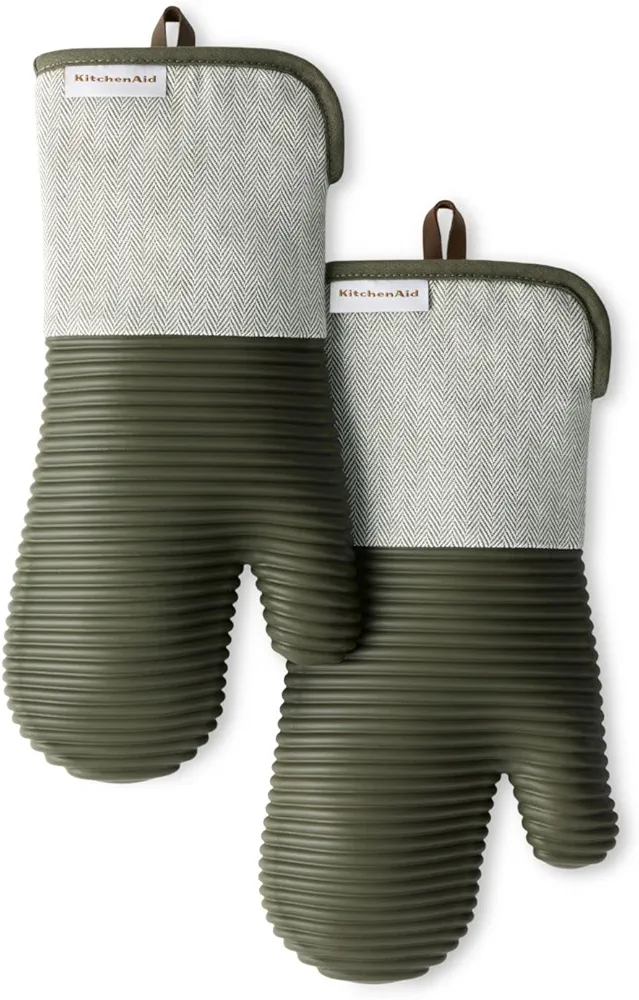 KITCHENAID® Evergreen Design Series Herringbone Ribbed Soft Silicone Oven Mitts 2-Pack Set, Heat Resistant up to 500°F, Flexible & Waterproof, Deep Forest Green, 7"x14"