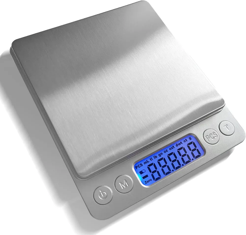 Food Scale Digital Weight Grams and Ounces, 0.001oz/0.01g 500g Kitchen Scale for Food with Backlight LCD Display, Tare, 9 Units, Auto Off, 2 Trays, Batteries Included - Stainless Steel