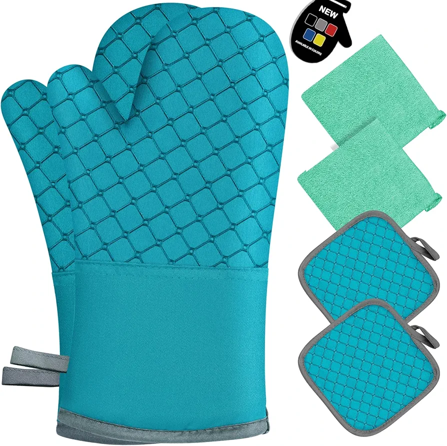 6 Pcs Oven Mitts and Pot Holders, 500℉ Heat Resistant Oven Mitts with Kitchen Towels Soft Cotton Lining and Non-Slip Silicone Surface Safe for Baking, Cooking, BBQ (Lake Blue)