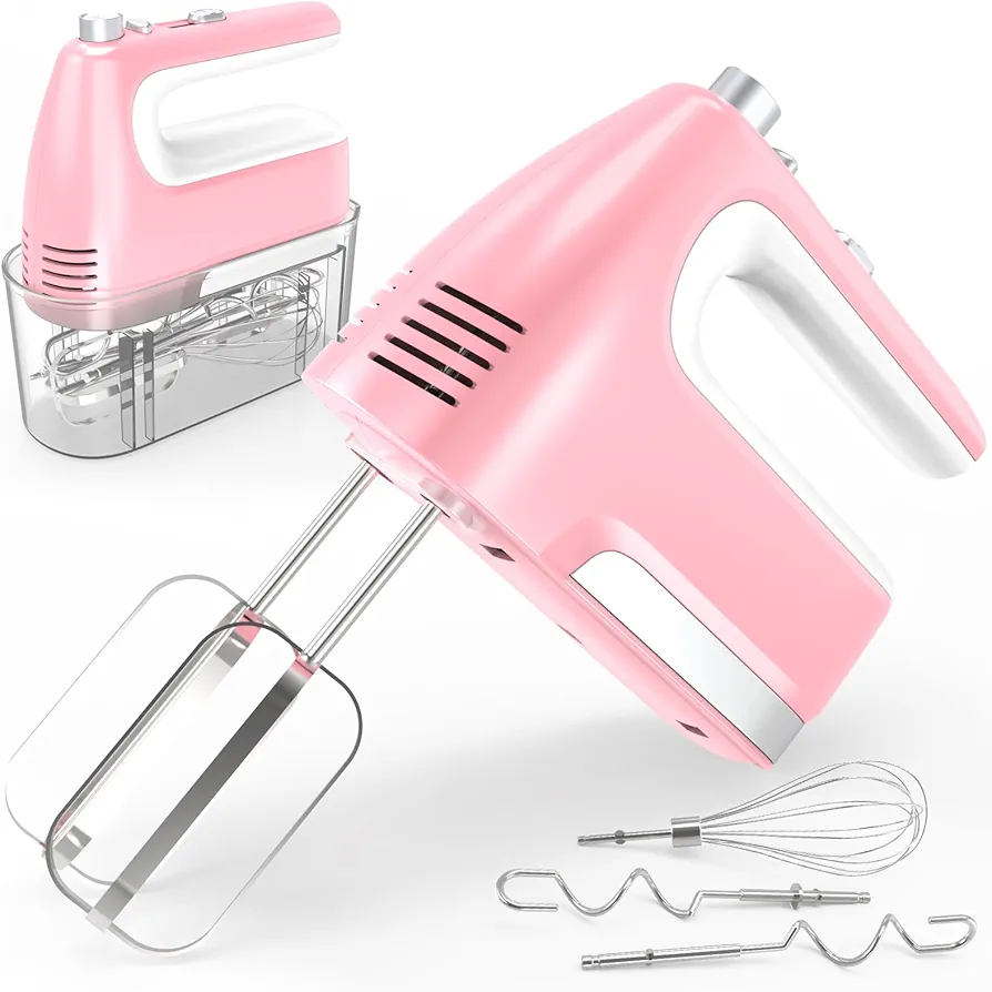 Hand Mixer Electric, 5-Speed 400W Motor, Hand Mixer Electric Handheld, Mixer Electric Handheld with Turbo Boost & Storage Case, 2x Flat Beaters, 2x Dough Hooks, 1x Whisk for Baking (Pink)