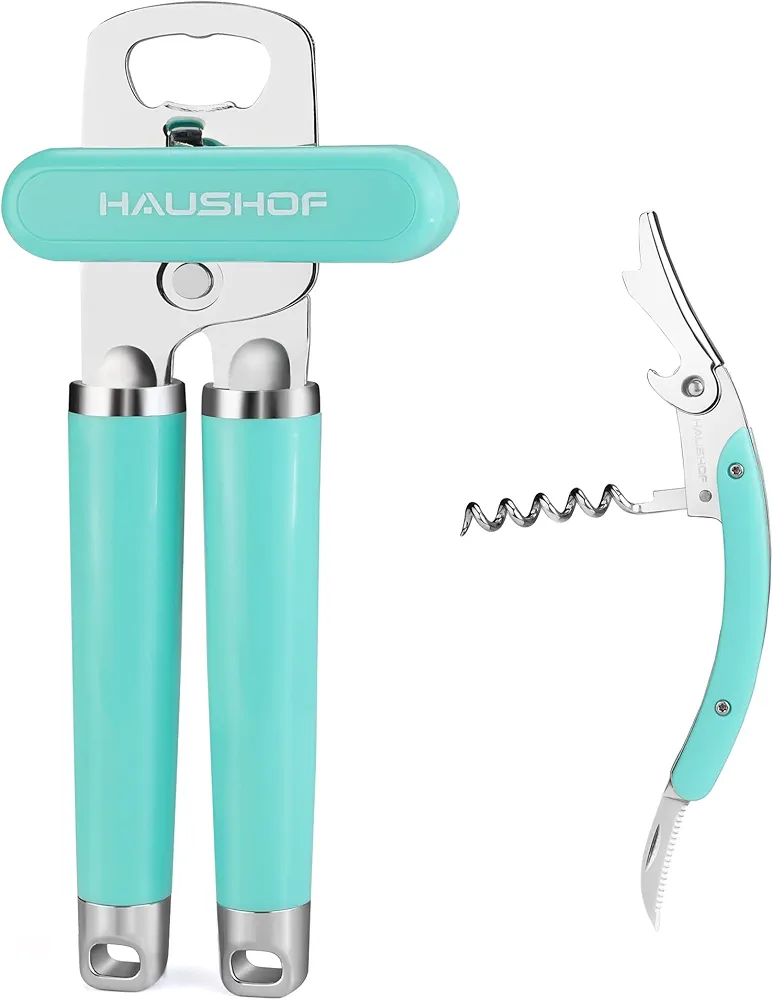 HAUSHOF 2PC Multifunctional Can Opener Set, Can Opener Manual with Comfortable Grip and Sharp Blade, Built in Bottle Opener, Wine Opener