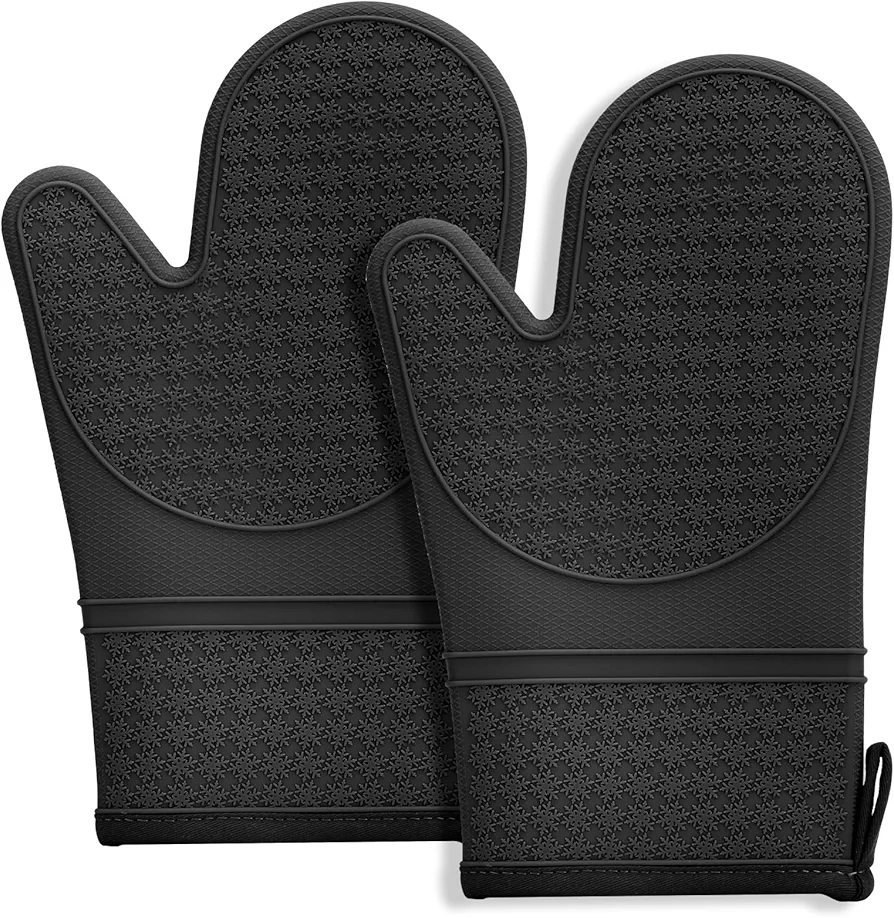 Hovico Silicone Oven Mitts, Oven Gloves with Non-Slip Waterproof - 2PCS Black Oven Mittens Heat Resistant 600 Degree, Soft Lining Silicone Oven Mits for Cooking Baking Kitchen Mitten