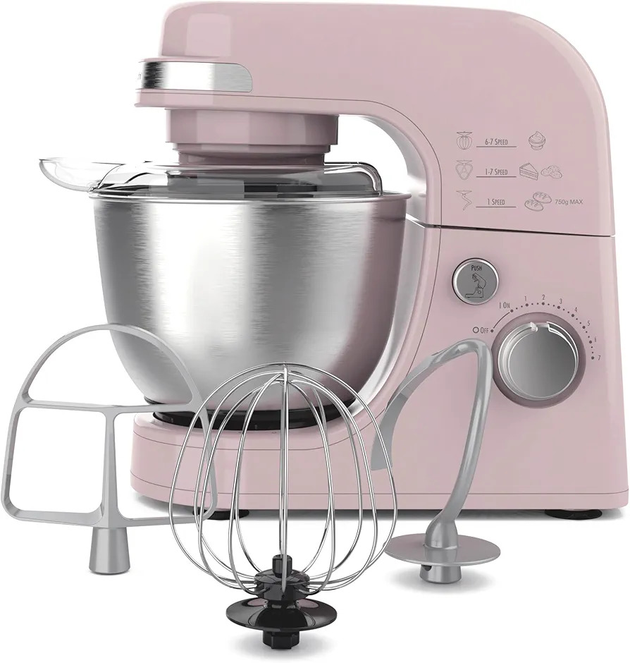 Hamilton Beach Electric Stand Mixer, 4 Quarts, Dough Hook, Flat Beater Attachments, Splash Guard 7 Speeds with Whisk, Rose