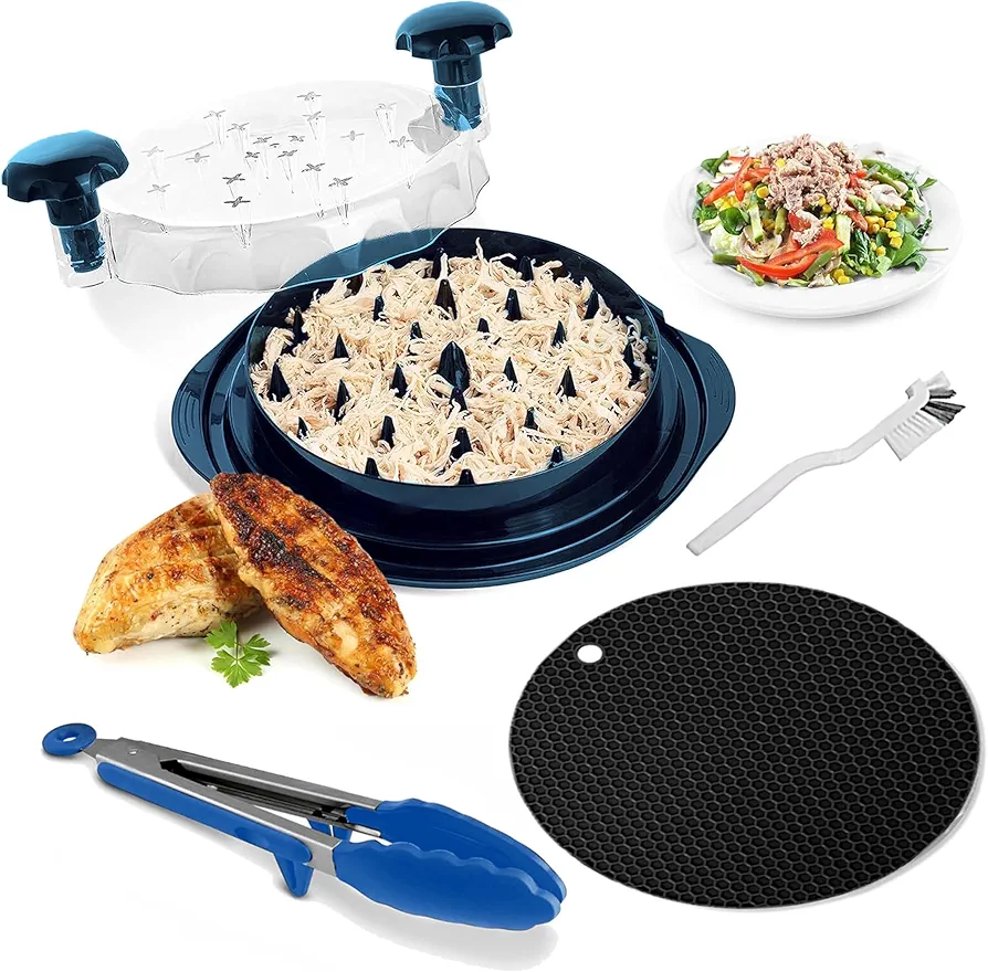 Chicken Shredder Tool Twist | 10" Large Capacity for Chicken Breast, Pulled Pork & Beef | Includes Tongs, Anti-Slip Mat & Cleaning Brush | Ergonomic Handle, Dishwasher-Safe |USA Quality | Blue