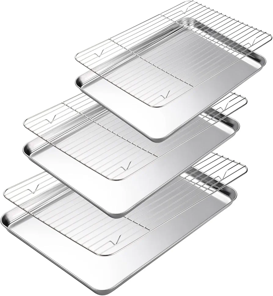 Baking Sheet with Cooling Rack Set of 6, 3 Premium Stainless Steel Cookie Sheets and 3 Wire Racks, Kitchen Nonstick Baking Pans Set Includes 3 Different Sizes, Heavy Duty Non Toxic