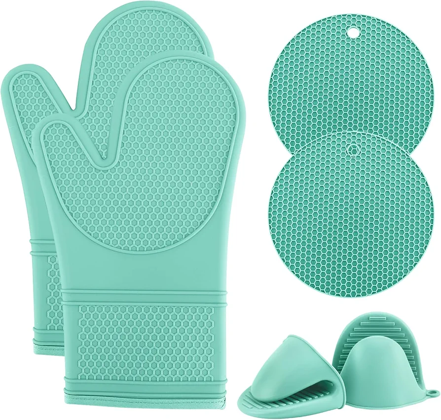 COOK WITH COLOR Silicone Oven Mitts- Heat Resistant Gloves with Soft Quilted Lining Oven Mitt Pot Holders for Cooking and BBQ, Mint, Mitt Set