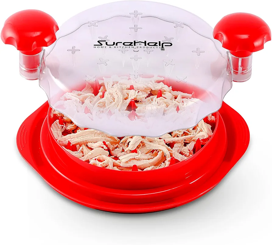 SureHelp™ Chicken Shredder Tool | Visible Chicken Breast Shredder Machine | Anti-Slip Strip | Chicken Shredder Twist with Brush & Fork | 0.697 pounds | Plastic & Polycarbonate Lid | Red