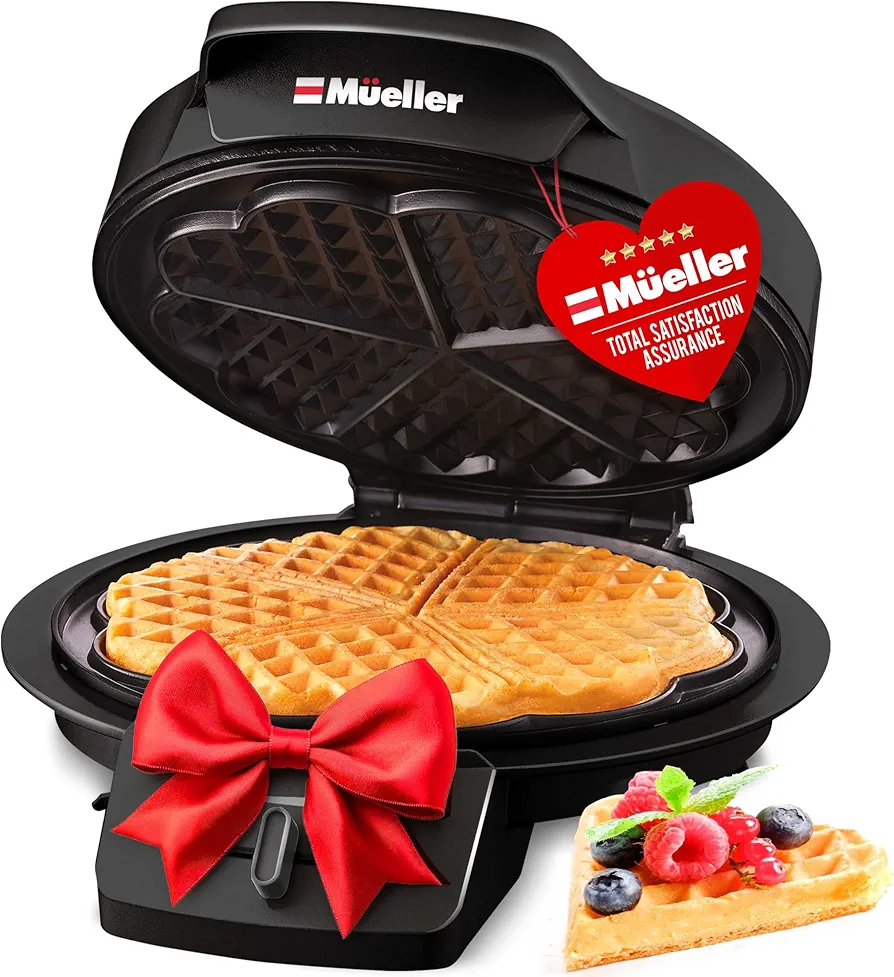 Mueller Heart Waffle Maker, 5 Waffle Iron, Adjustable Browning Control & Nonstick, Cool Touch Handle, Mini Waffle Maker, Easy to Clean, Small Kitchen Appliances