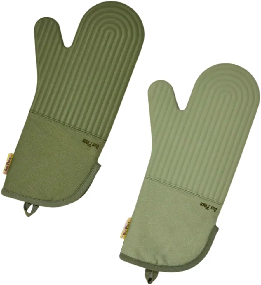 Hot Mitts - Premium Silicone & Cotton Twill Oven Mitts | Machine Washable, Set of 2 with Magnet & Hanging Loop | Heat Resistant Up to 550°F | Sage