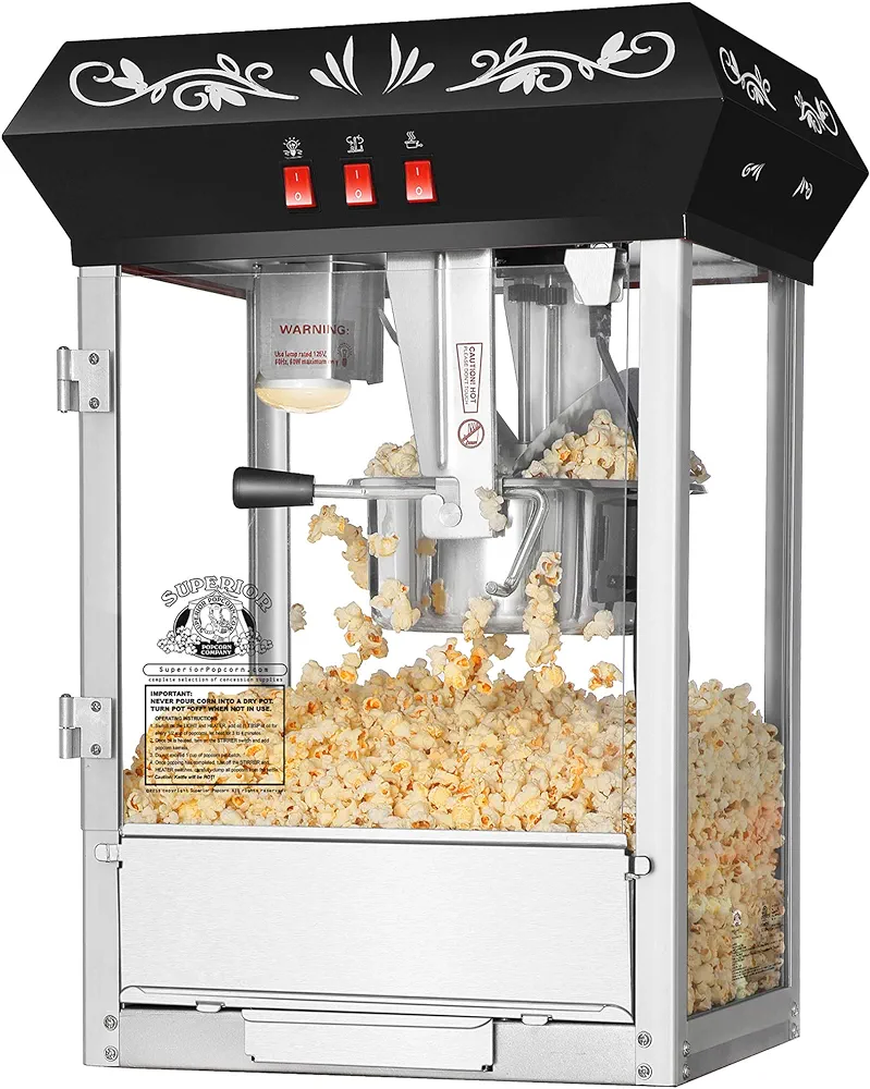 Countertop Popcorn Machine- Antique Style Movie Night Popper- 8oz Kettle, Old Maids Drawer, Warming Tray & Scoop by Superior Popcorn Company (Black)