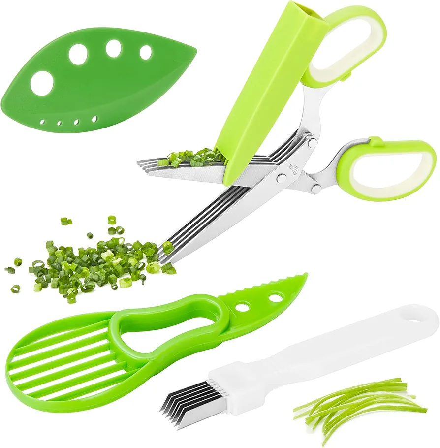 Herb Scissors Set, X-Chef Multipurpose 5 Blade Kitchen Herb Shears Herb Cutter with Safety Cover and Cleaning Comb for Chopping Basil Chive Parsley (Green)