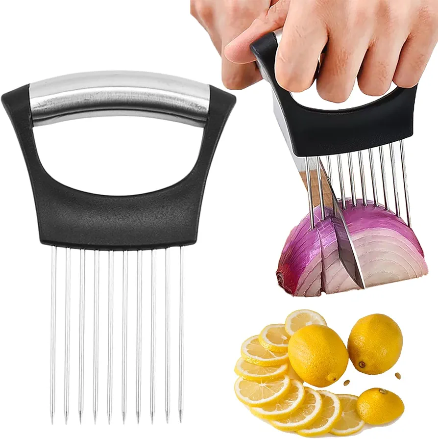 Onion Holder for Slicing, 2024 Upgraded Stainless Steel Lemon Slicer Onion Cutter for Slicing, Vegetable Cutter Kitchen Chopper Slicing Assistant Tool for Potato and Tomato Avocados Eggs Meat (1)