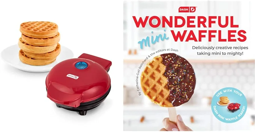 DASH Mini Maker for Individual Waffles, Hash Browns, Keto Chaffles with Easy to Clean, Non-Stick Surfaces, 4 Inch, Red and DASH Wonderful Mini Waffles Recipe Book with Gluten, Vegan, Paleo, Dairy + Nut Free Options, Over 80+ Easy to Follow Guides, Cookbook